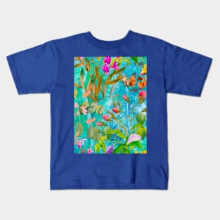 Cool tropical floral leaves botanical illustration, tropical plants,leaves and flowers, blue aqua leaves pattern Kids T-Shirt